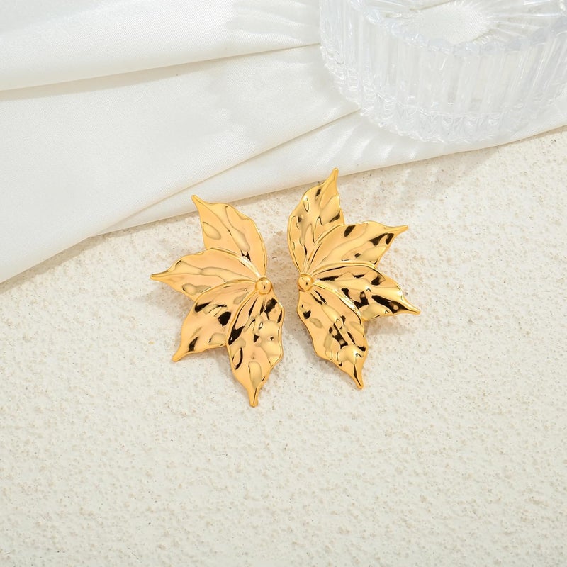 FAUTHENTICUTE Chunky Gold Statement Earrings For Women Gold Plated Sectored Flower Leaf Shell Angel Wing Earrings Large Stud Earrings Hypoallergenic Earrings - Image 5